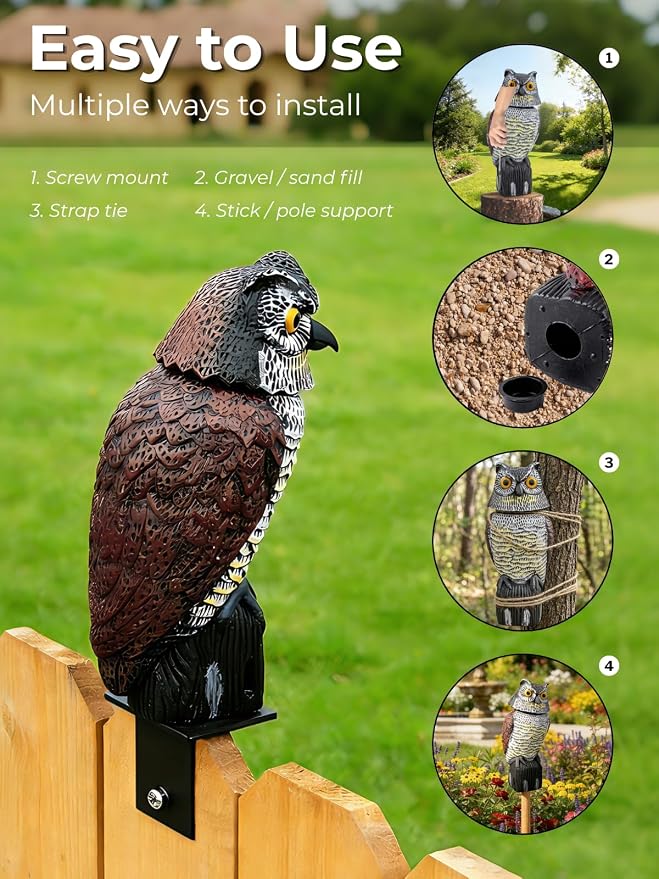 Garden Fake Owl Sculpture with 360° Rotating Head, Waterproof Moving Garden Owl, Outdoor Statue for Yard Patio Balcony Roof Barn Driveway