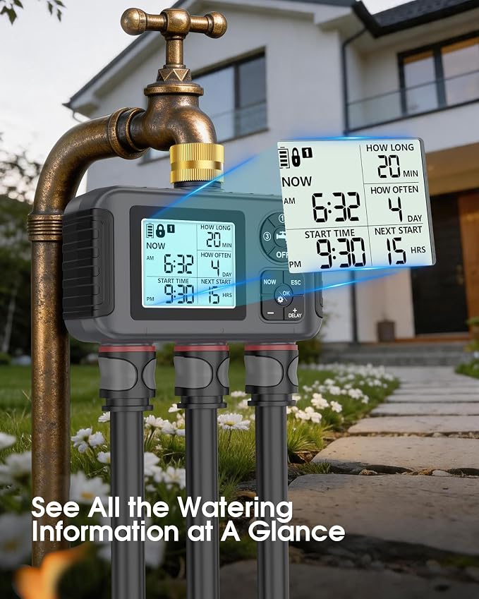 Insoma Water Timer with Brass Inlet, 3 Independent Zones Outdoor Hose Timer for Garden Faucet with Auto/Manual/Rain Delay Mode, IPX5 Waterproof, Sprinkler Irrigation Controller for Yard Lawn