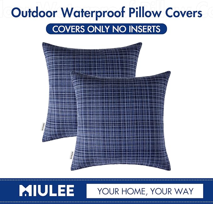 MIULEE Outdoor Waterproof Throw Pillow Covers Decorative Farmhouse Water Resistant Cushion Covers for Tent Patio Garden Couch Sofa Pack of 2, 18x18 Inch Navy Blue