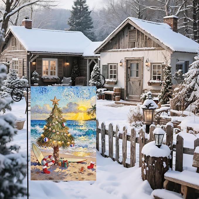 Coastal Christmas Garden Flag 12x18 Inch Xmas Tree Beach Holiday Themed Decorative Yard Flags for Outside Double Sided Winter Seasonal Outdoor Home Farmhouse Decoration Porch New Year Decor