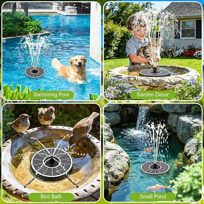 Solar Fountain with 3 Spray Height, Works in Shade, 3.5W Glass Solar Bird Bath Fountains with 2000mAh Battery and 4 Rotating Rods, 7 Nozzles, Outdoor Water Fountain Pump for Garden, Pool, Pond