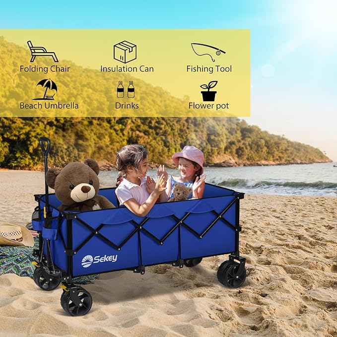 Sekey Extended Collapsible Foldable Wagon with 660lbs Weight Capacity, Heavy Duty Folding Utility Garden Cart with Big All-Terrain Beach Wheels & Drink Holders. Royal Blue