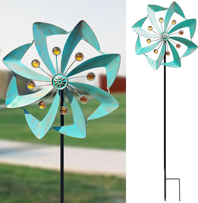 Metal Wind Spinners Outdoor, 360° Yard Wind Spinner Outdoor with Stake, Kinetic Windmill for Yard and Garden, Lawn, Patio, 33.5"× 10" (Green Copper)