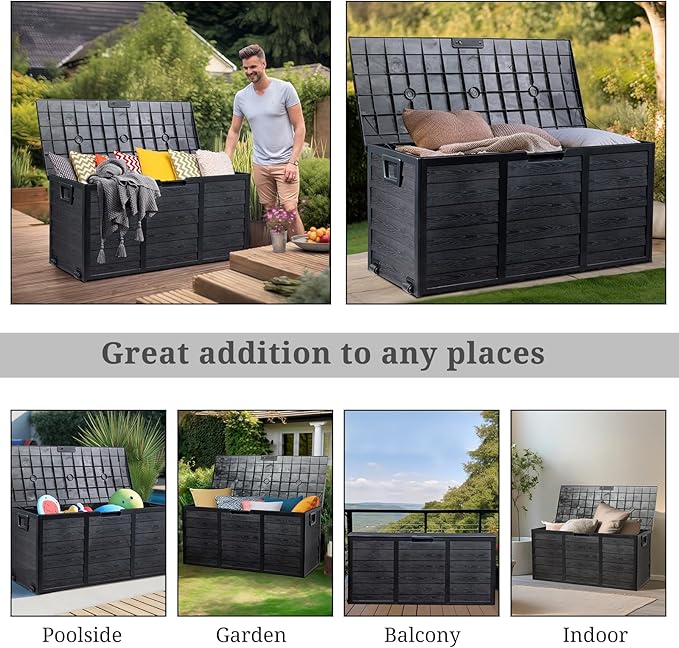 Outvita 75 Gallon Deck Storage Box, Durable Storage Container Bin Store Patio Cushions, Yard Stools Outdoor Patio Garden (All Black)
