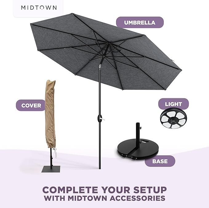 Midtown Umbrellas - 10-Year-No-Fade 10 Ft Patio Umbrella with Terylast Fabric, Auto-Tilt Aluminum Frame and 8 Reinforced Ribs for Deck, Pool, Garden & Beach - Heather Grey Canopy, Black Pole