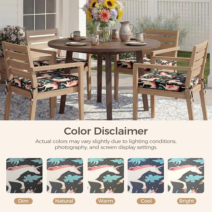 UNIKOME Outdoor Chair Cushions Set of 4, Water Resistant Patio Seat Cushions with Ties for Outdoor Furniture, High-Density Foam, UV & Fade Resistant, Piped Edge – 19" x 19" x 3", Unicorn