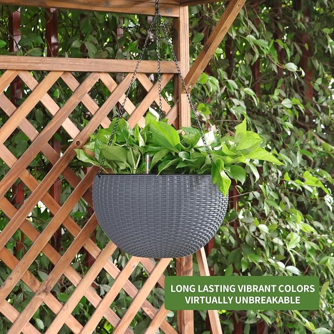 Dexceder 9 Inch Self Watering Hanging Planter (Gray) | Thickened Hanging Basket Flower Plant Pot with Water Level Indicator Indoor Outdoor
