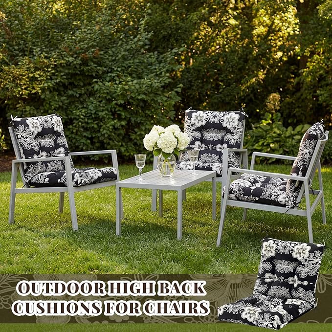Marsui 4 Pcs Outdoor Indoor High Back Chair Cushions Patio Furniture Tufted Pillow with Ties Water-Resistant Replacement Outdoor Rocking Chair Cushions, 42 x 21 Inches (Black,Flower)