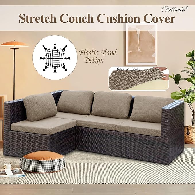 CALBODE 14Pcs Outdoor Stretch Cushion Covers,Waterproof Outdoor Chair Cushion Covers for Patio Furniture, Washable Jacquard Couch Covers Replacement for Patio Furniture(Khaki, Cover Only)