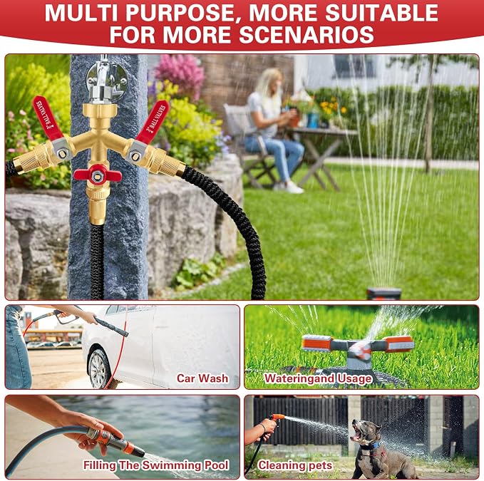 High Flow 3 Way Hose Splitter, Heavy Duty Brass Garden Hose Splitter,Water Hose Spigot Splitter with Easy-Grip Metal Handles, 3/4" GHT Thread Garden Hose Bib Splitter