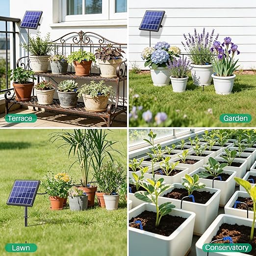 NFESOLAR 3W Solar Automatic Drip Irrigation Kit with LCD Timer, Customizable Watering Duration 1–30min & Interval 3h–7d, Anti-Siphoning Device for Potted Plants, Balcony, Garden, Patio, Vacation