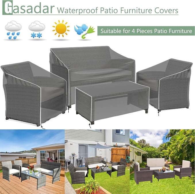 Gasadar Patio Furniture Covers Set, 4 Piece Waterproof Outdoor Furniture Cover for Outdoor Coffee Table, Chair, and Loveseat, Heavy Duty 600D, Black