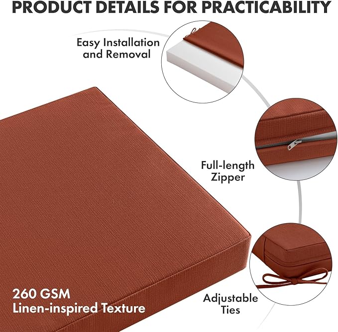 MIULEE Burnt Orange Outdoor Dining Cushion 20x20 Inch Waterproof & 3 Year Color Fastness Deep Seat and Back Cushion for Patio Furniture Chair with Ties