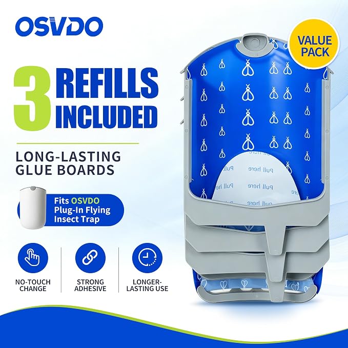 Flying Insect Trap with 3 Refill Cartridges Set,Plug-in Fly Trap Indoor | Fruit Fly Traps for Indoors - Bug Catcher for Gnats, House Flies, Fruit Flies and Moths, Blue UV Light, Mess-Free
