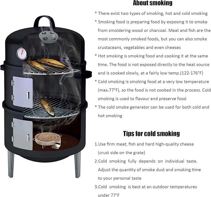 16" BBQ Smoker Grill Built in Thermometer, Air Vent and Two more biger Access Doors, Multi-Layer Meat Smoker Grill with 3 Heat-resistant Handles, Ideal for Outdoor Cooking, Camping, BBQ