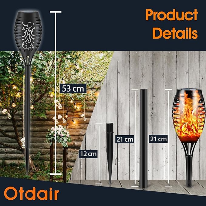 Otdair Solar Lights Outdoor Waterproof, 12LED Tiki Torches for Outside with Flickering Flame, Solar Torch Light for Garden, Patio, Yard, Pathway, 6 Pack