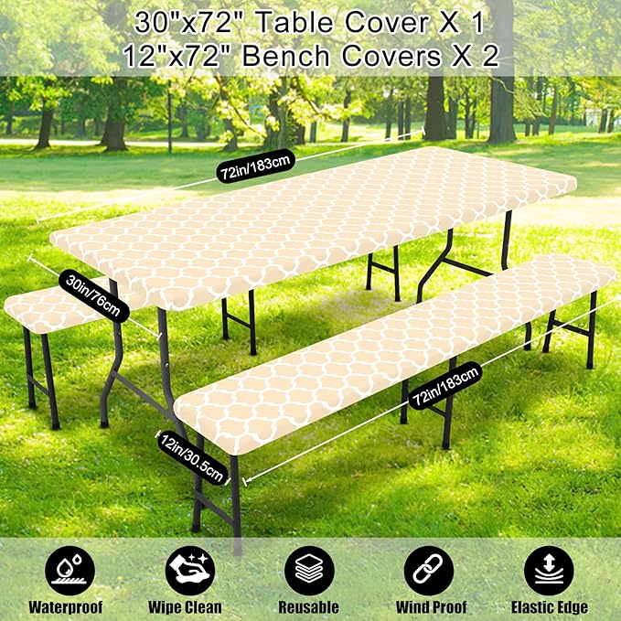 Smiry Picnic Table Cover with Bench Covers, Waterproof Elastic Fitted Tablecloth for 6 Foot Tables, Washable Polyester Tablecloths for Camping, Indoor & Outdoor (Beige, 30x72 Inch 3-pc Set)