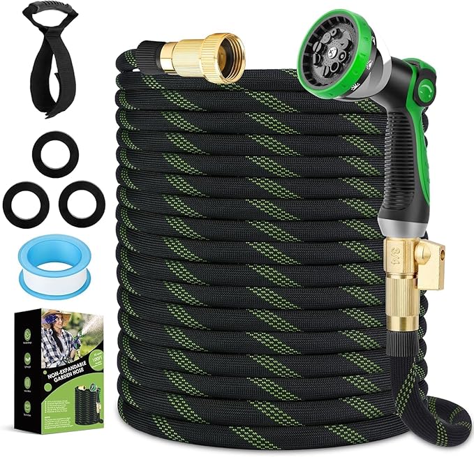 FlexiSolve Non-Expandable Garden Hose 100 ft, Ultra Lightweight & Flexible Water Hose With 10-Pattern Spray Nozzle, Full Length Leak-Proof Design, High-Density Fabric & Shut-Off Valve, Hose Straps