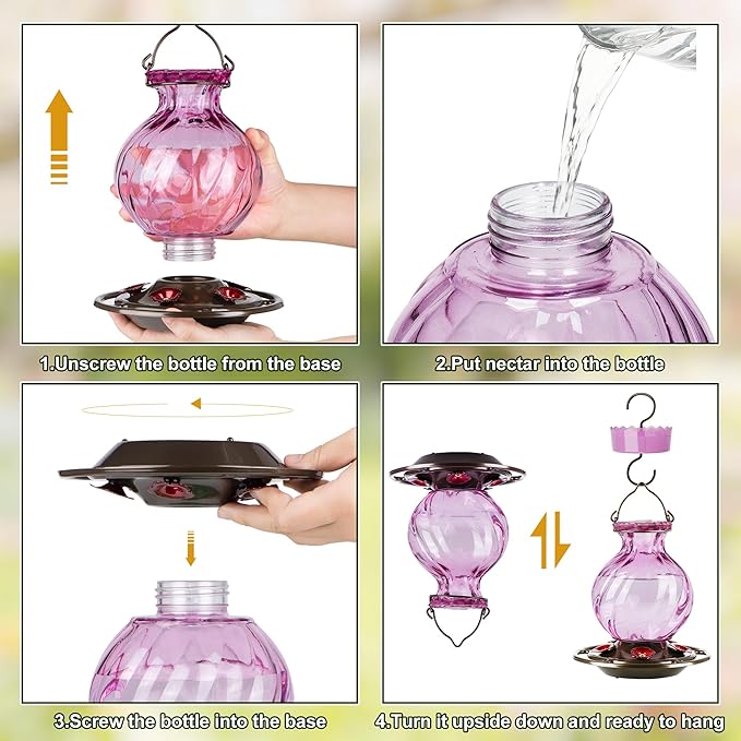 Auslar 26 Ounces Hummingbird Feeder, Purple Hummingbird Feeders for Outdoors Hanging, Ant Moat and 5 Flower Feeding Ports, Fade Proof, Rustproof, Leakproof, Netted Flower Bud Shape Bottle