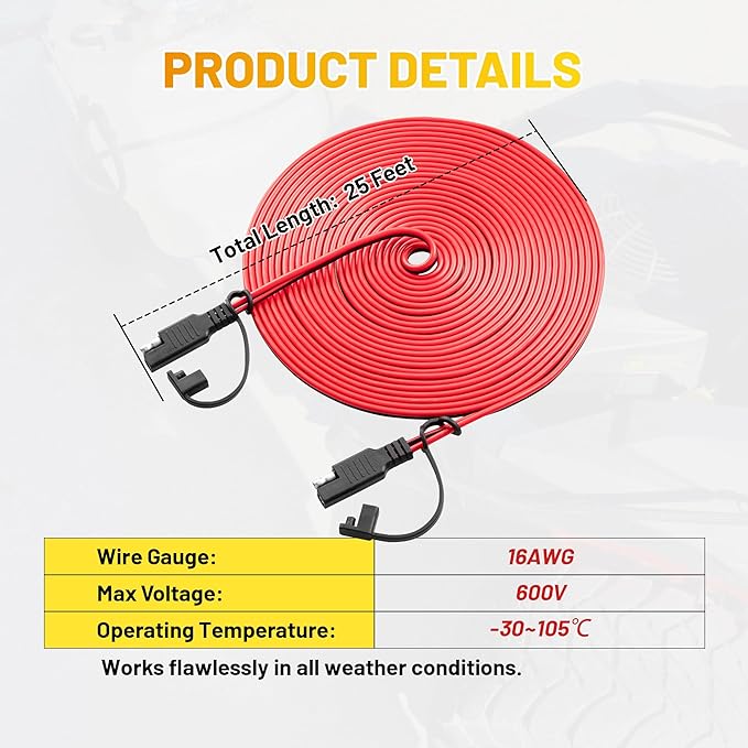 Oyviny 25FT Battery Charger SAE Extension Cable 16AWG, 2 Pin SAE Quick Connector for Solar Panel,Automotive,Charging, Trolling Motor with Reversing Adapter