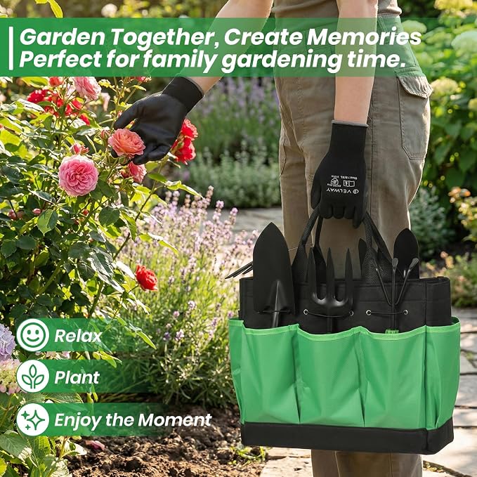 Velway 11-Piece Garden Tools Set Heavy Duty with Ergonomic Handles | Hand Tool Kit with Ergonomic Handles, Rust-Proof, Carry Tote Bag – Gardening Gifts for Women & Men (Green)