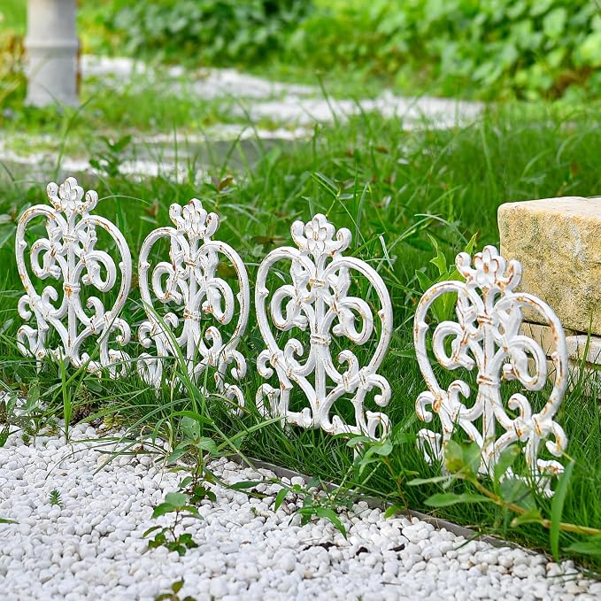 Sungmor Decorative Cast Iron Garden Edging, 4 Pack Rustic White Victorian Garden Edging Landscape Border, Vintage Metal Yard Stake Low Picket Fence, 11.8" Tall Outdoor Flower Bed Lawn Fence Panels