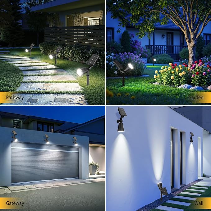 6 Pack Bright Solar Spot Lights Outdoor Cool White, 1000LM Adjustable Solar Lights Outdoor Waterproof, 2-in-1 Solar Powered Spotlights Landscape Lighting for Garden, Yard, Pathway, Tree, Flag