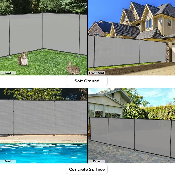 5'x24' Outdoor Fence Fencing Kit with Poles and Rails Ground Spikes Privacy Fence for Dog Yard Pool Garden Safety Chicken Fence Temporary Painted Iron Pole Light Gray