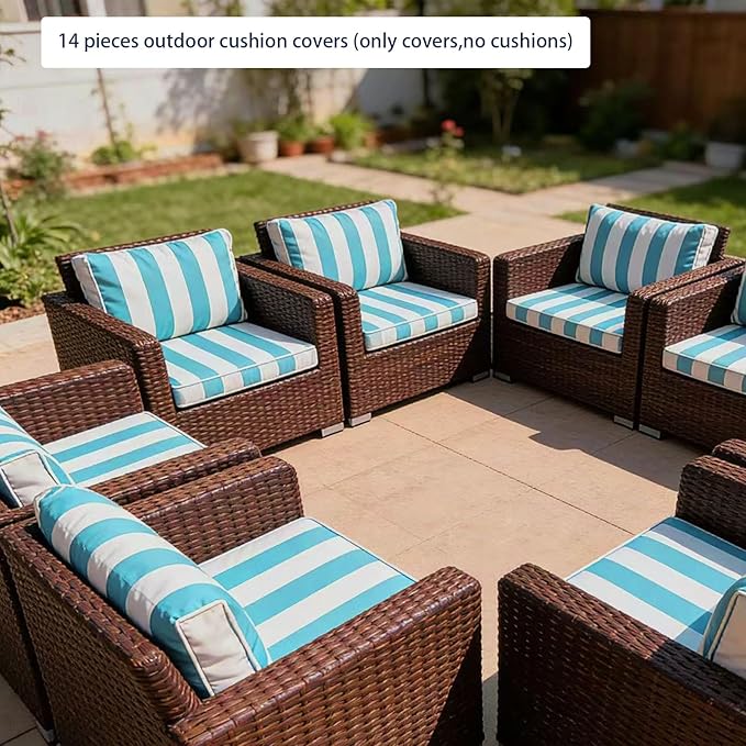 Outdoor Cushion Covers for Patio Furniture, Patio Cushion Covers Replacement with Zipper, Waterproof & Fade Resistant,Only Cover (Lake Blue and White Stripes, 25.6Lx25.6Wx4H - Only Covers)