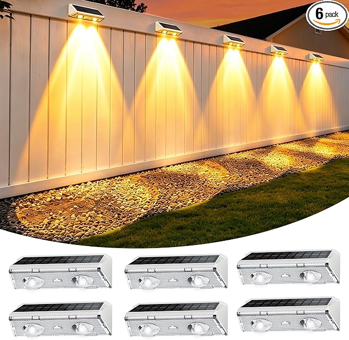 KEILAIMO Solar Fence Lights Outdoor, 6 Pack IP65 Waterproof Fence Lights Solar Powered with Ultra-Bright LED Lens, 9 Color Modes, 12+ Hours Steady Glow for Deck/Backyard/Patio/Pool/Wall - White