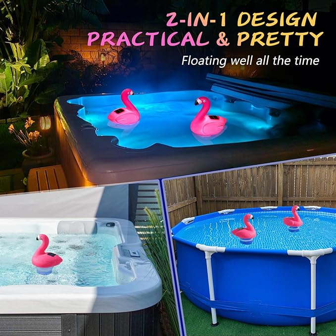 Pool Chlorine Floater, 9 in Flamingo Chlorine Floater with Light, Solar Chlorine Floater w/Adjustable Flow, Large Size Chlorine Tablet Floater, Floating Chlorine Dispenser for Pool Hot Tub