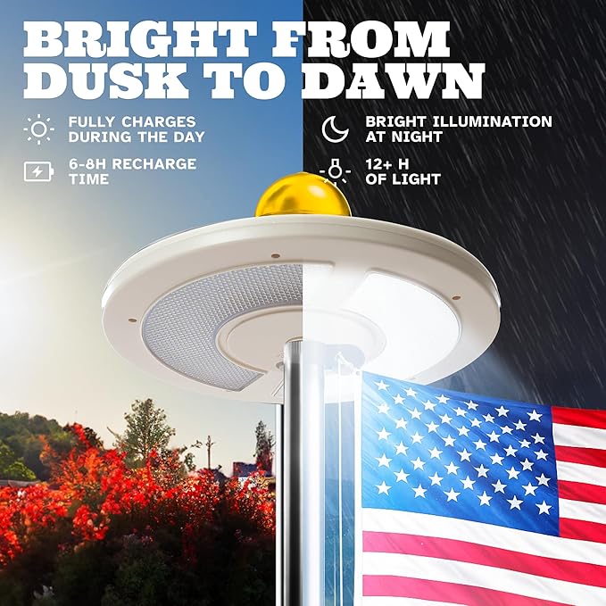 Deneve Ultra-Bright Flag Pole Light - 128 LED Lights - Solar-Powered - Auto Dusk to Dawn - Waterproof Design (White)