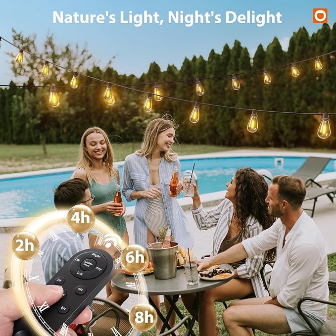 addlon 102FT(96FT+6) Solar String Lights Outdoor Waterproof with USB Port & Remote Control Solar Patio Lights for Outside Solar Powered with 52 LED Dimmable Bulbs for Porch Garden Deck Halloween