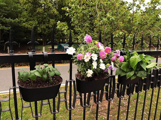 Cornasee 10.6" Metal Railing Planter for Fence/Balcony/Window/Outdoor, 5-Pack Hanging Planters Vintage Flower Pot with Detachable Hooks for Strawberry,Herb,Cactus Black