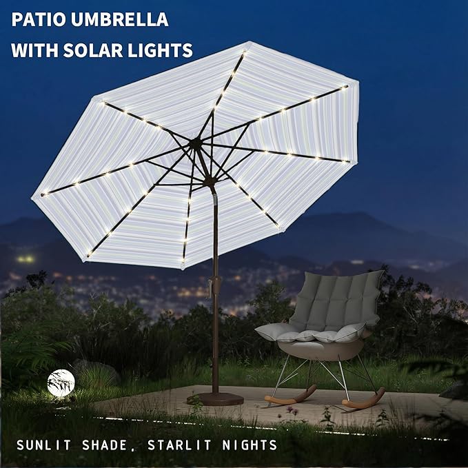 9FT Patio Umbrella with Solar Lights,Outdoor Market Umbrella with Tilt and Crank, LED Lighted Table Umbrella for Garden,Deck,Backyard,Pool,Beach