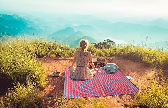 Wind Tour Waterproof Picnic Blanket with Carry Strap - Foldable Sandproof Outdoor Mat for Camping, Beach, Park - 59" x 71",Red (Single Mat)