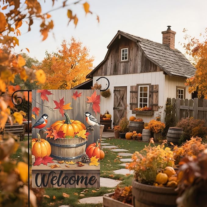 Fall Pumpkin Bird Garden Flag 12x18 Inch Welcome Autumn Watercolor Maple Leaf Harvest Theme Thanksgiving Decorative Yard Flags for Outside Double Sided Outdoor Home Farmhouse Decoration Porch Decor