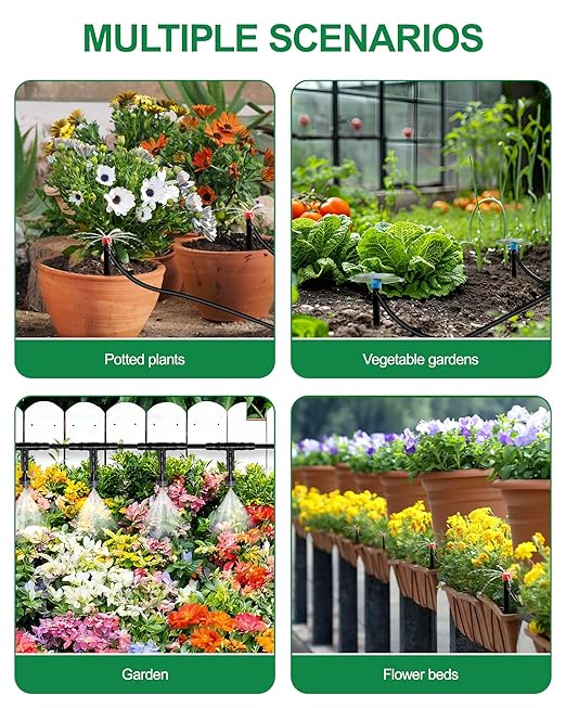 Drip Irrigation System for Garden, Automatic Garden Watering System with 180FT 1/2” & 1/3” Tubing, Dual Faucet, Adjustable Nozzle Emitters for Garden, Greenhouse, Lawn, Potted Plants