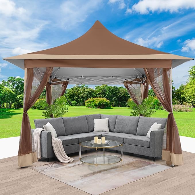 COBIZI 12x12 Pop up Canopy Gazebo on Clearance, Outdoor Canopy Tent with Mosquito Netting & Waterproof Roof & Sandbags & Carrying Bag,Patio Portable Gazebo for Garden,for Backyard,Brown