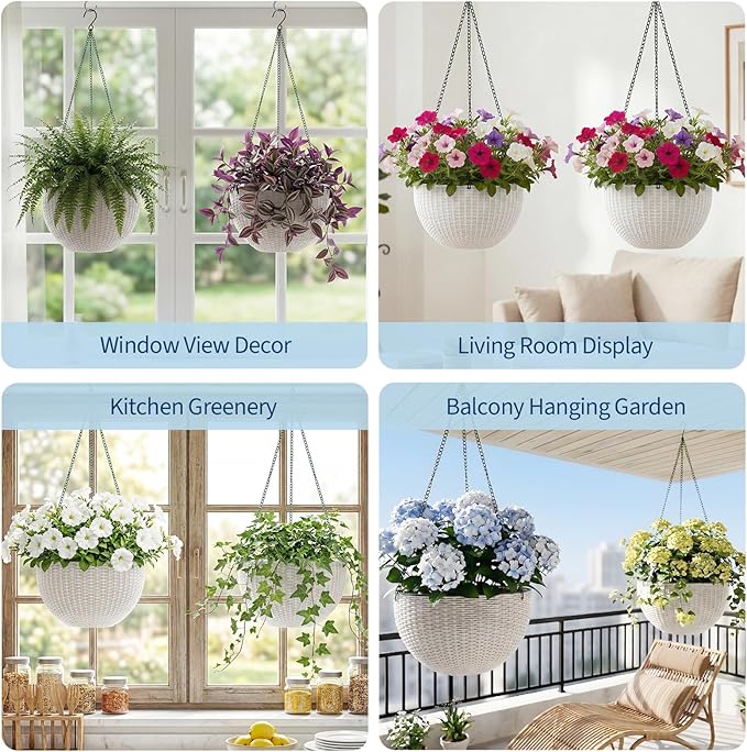 13.8 Inch Self Watering Hanging Planter, 4PCS Round Resin Hanging Basket for Indoor Outdoor Plants, Rattan Look Flower Pot with Drainage Plug, Deep Inner Pot and Sturdy Metal Triple-Chain Hanger