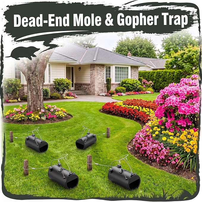 Qualirey 4 Pack Black Hole Gopher Trap with Leash, Tunnel Mole Trap Reusable Vole Traps Outdoor Rodent Control for Yard, Garden, Lawn and Farm, 6.3 x 3.5 Inch