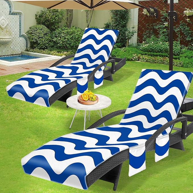 Lounge Chair Towel Cover, Chaise Lounge Cover (Pack of 2), Beach Chair Covers with 3 Pockets for Pool Sunbathing Beach Garden Courtyard Outdoor Trips, 85 x30 in, Wavy Striped Dark Blue