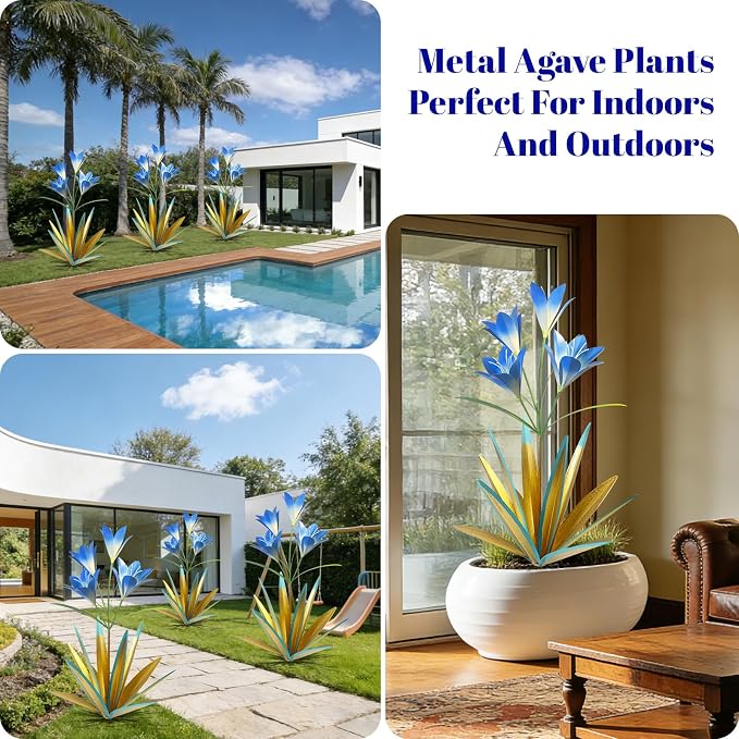 TOMBABY 32.28 Inch Metal Agave Plant Outdoor Decoration Lily Mexican Yard Art Garden Gift Home Decor Hand Painted Metal Agave Garden Yard Statue (1pc, Blue)