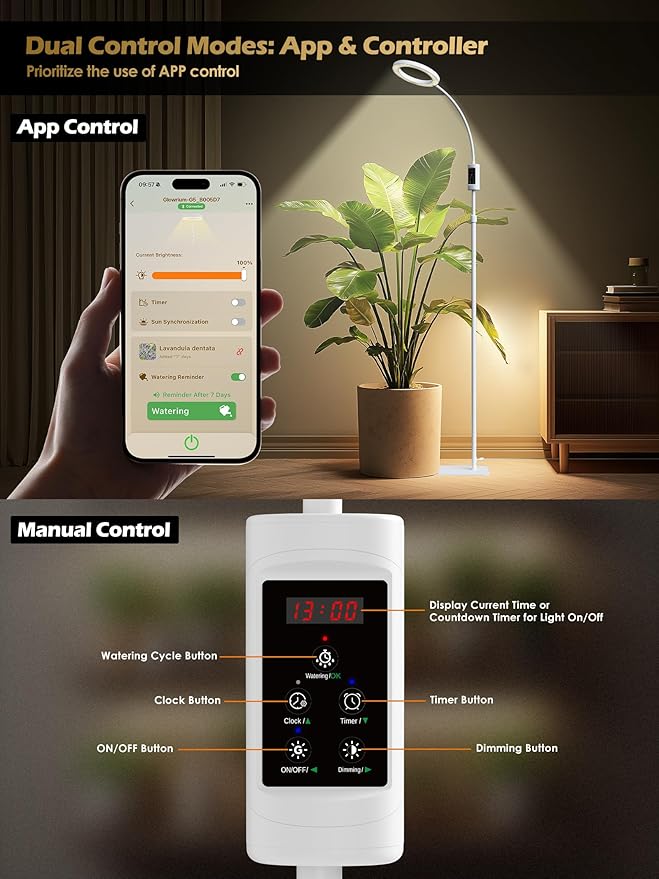 Smart Grow Lights for Indoor Plants, 24W Plant Light with Auto-Timer, Full Spectrum LED Grow Light, Adjustable Height & Stepless Dimming,Plant Assistant Suitable for Most Plants (White)