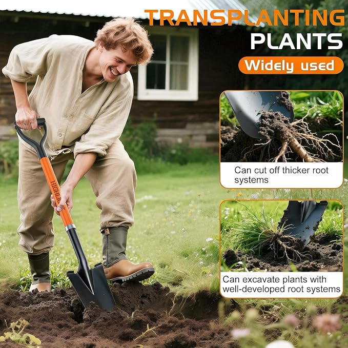 HIGHLIGHT Spade Shovel, 45-Inch Heavy Duty Sharp Shooter Shovel for Digging, Gardening, Planting, Trenching, Drain and Transplanting, Fiberglass D-Grip Handle, Orange