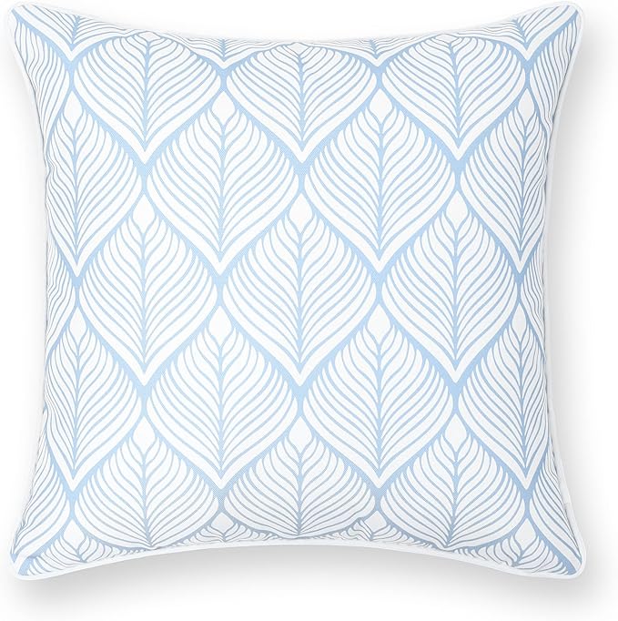 Hofdeco Premium Coastal Patio Indoor Outdoor Throw Pillow Cover Only, 20"x20" Water Repellent for Backyard, Couch, Baby Blue Print Geometric Leafs