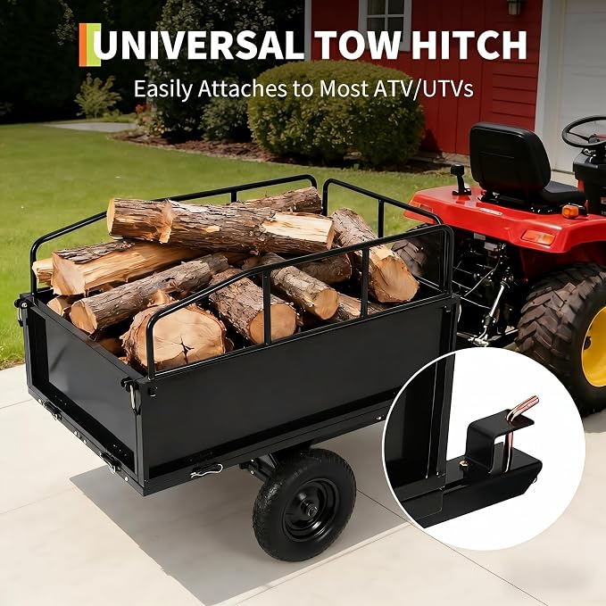 Heavy Duty ATV Trailer Steel Dump Cart, 750 lbs 17 Cubic Feet, Garden Utility Trailer Yard Trailers with Removable Sides for Riding Lawn Mower Tractor