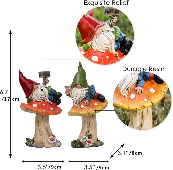 TERESA'S COLLECTIONS Resin Statues for Yard, Set of 2 Cute Garden Gnomes on Mushroom Statues for Outdoor Patio Porch Lawn, Ideal Gift for Dad Mom Birthday, Outside Decor Housewarming Gifts, 7"