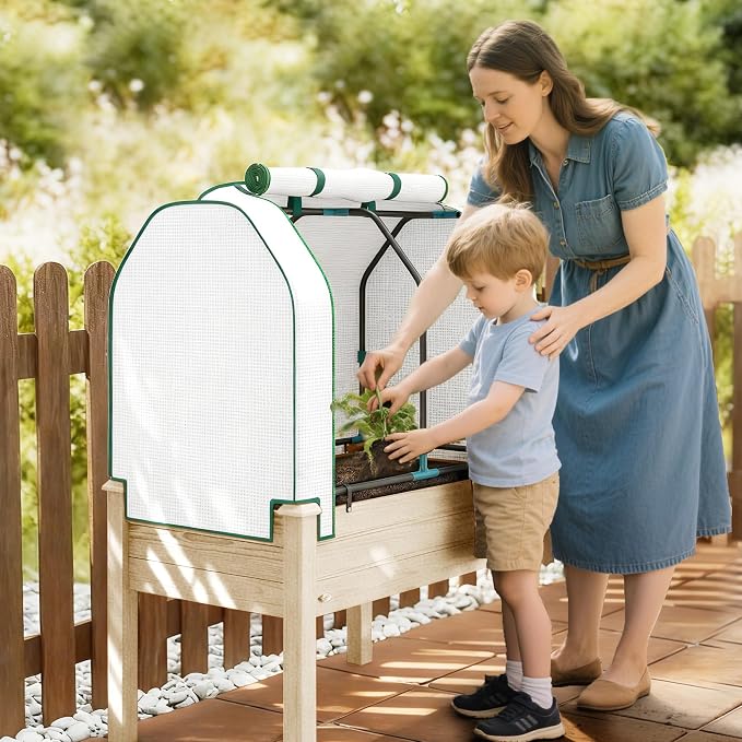 Outsunny Raised Garden Bed with PE Greenhouse Cover Outdoor Elevated Wood Planter Box for Herbs and Vegetables, Use for Patio, Backyard, Balcony, 35 x 22 x 47 inch, Natural