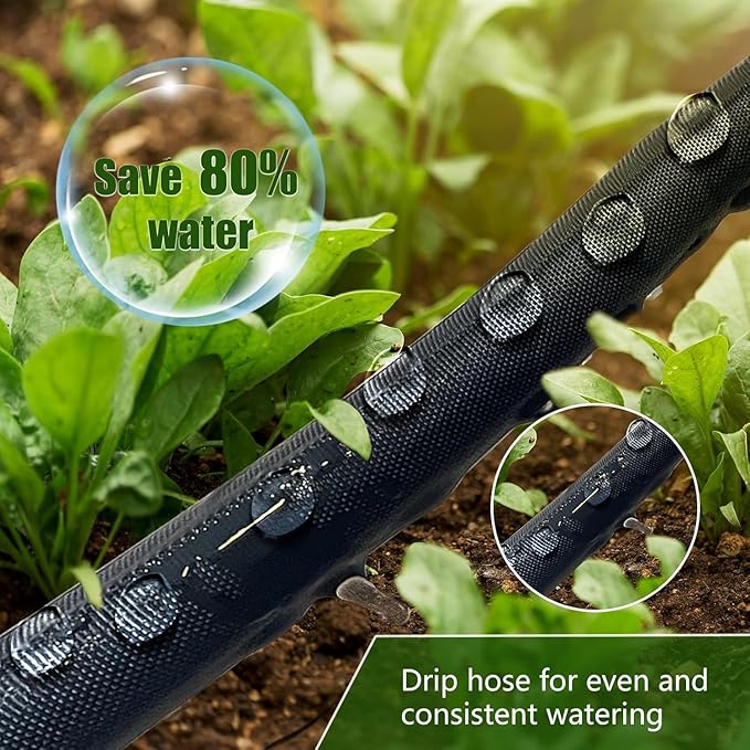 Flat Soaker Hose 100FT, Garden Hose with Heavy Duty Double Layer Design, Drip Irrigation Hose Saves 80% Water, Leak Proof Sprinkler Hose for Garden, Lawn, Vegetable plot